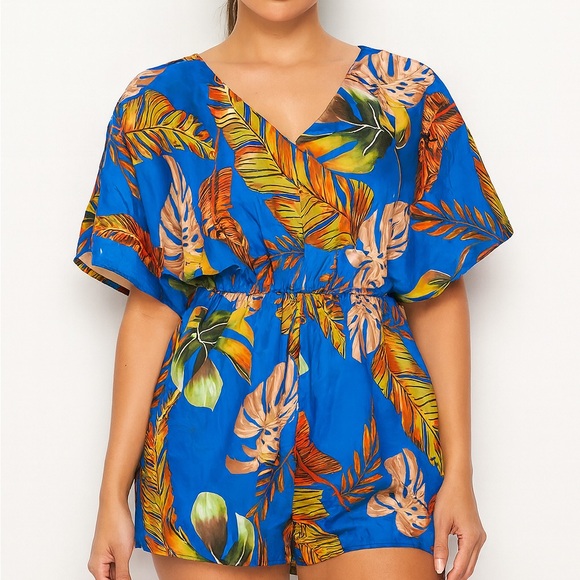 SHEIN Pants - SHEIN Curve 2XL Blue Tropical Leaf Print Jumpsuit